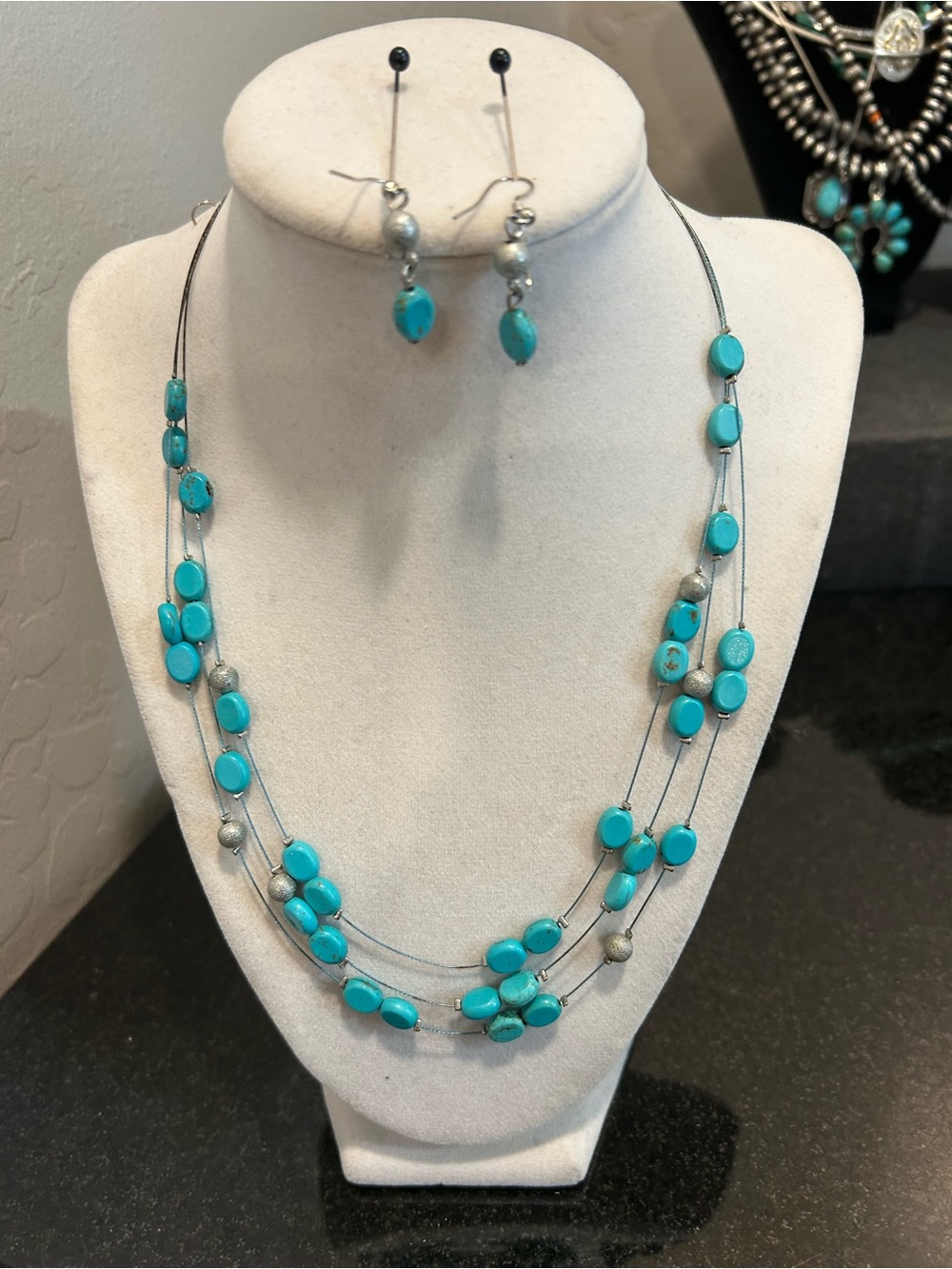 Turquoise Bead Multi-Strand Necklace & Earrings Set - Women Jewelry